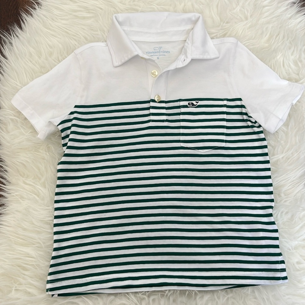Vineyard Vines Boys Green and White Striped Polo Size 6